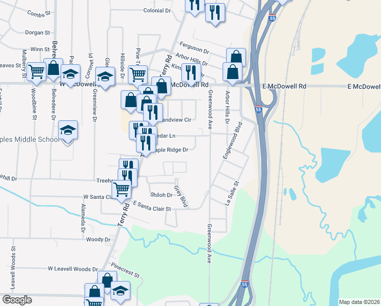 map of restaurants, bars, coffee shops, grocery stores, and more near 127 Maple Ridge Drive in Jackson
