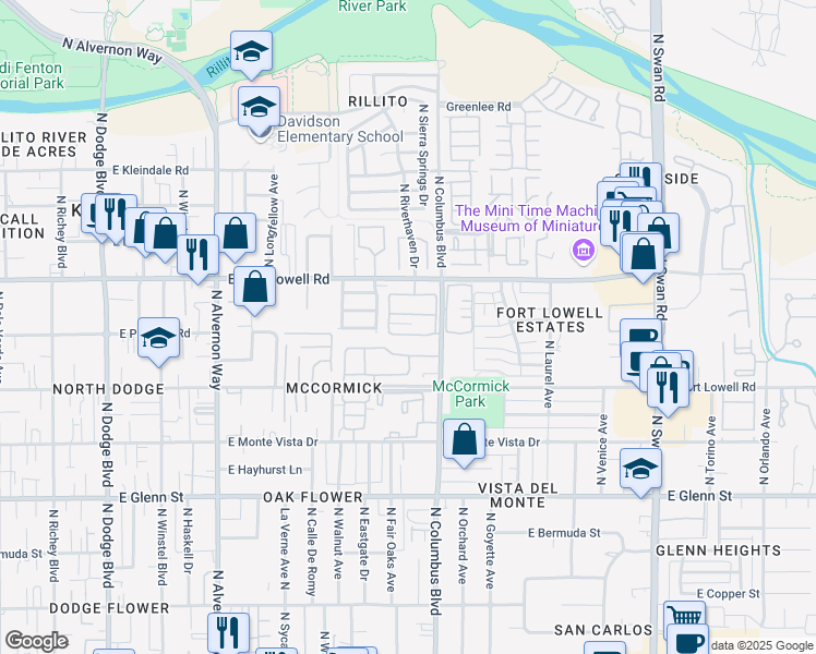 map of restaurants, bars, coffee shops, grocery stores, and more near 4219 East Presidio Road in Tucson