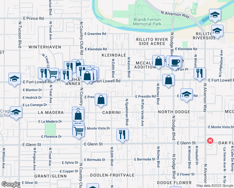 map of restaurants, bars, coffee shops, grocery stores, and more near 3315 East Presidio Road in Tucson