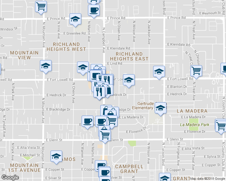 map of restaurants, bars, coffee shops, grocery stores, and more near 3122 North Campbell Avenue in Tucson