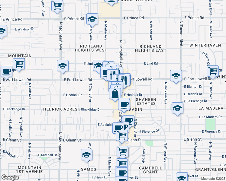 map of restaurants, bars, coffee shops, grocery stores, and more near 3105 North Campbell Avenue in Tucson