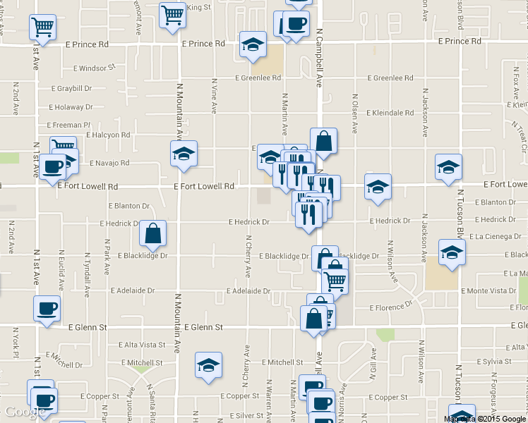 map of restaurants, bars, coffee shops, grocery stores, and more near 1629 East Hedrick Drive in Tucson