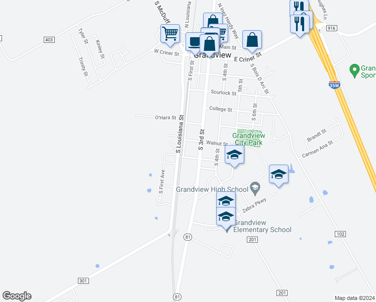 map of restaurants, bars, coffee shops, grocery stores, and more near 800 Watts Avenue in Grandview