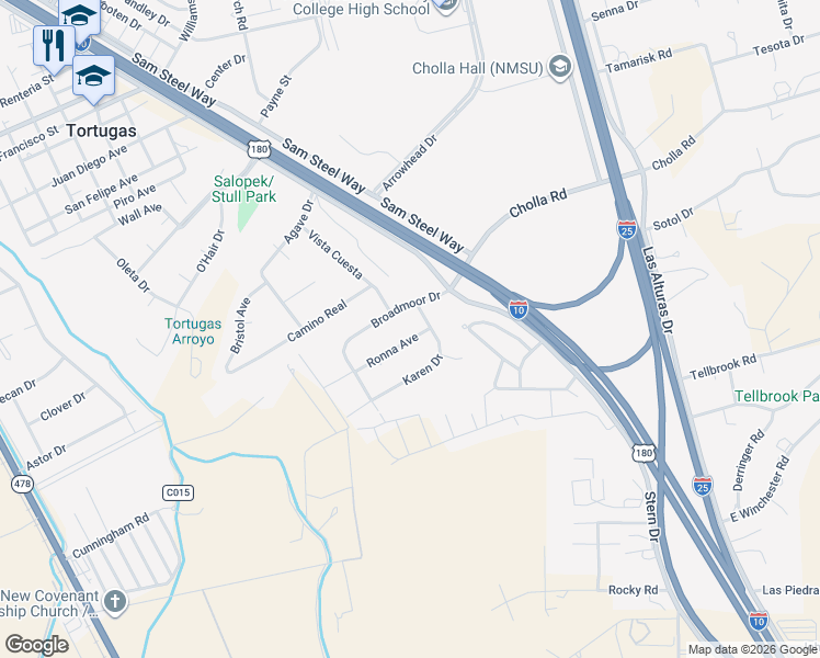 map of restaurants, bars, coffee shops, grocery stores, and more near 3003 Ronna Drive in Las Cruces