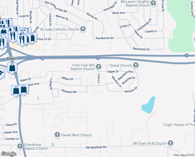 map of restaurants, bars, coffee shops, grocery stores, and more near 423 Toni Lane in Pearl