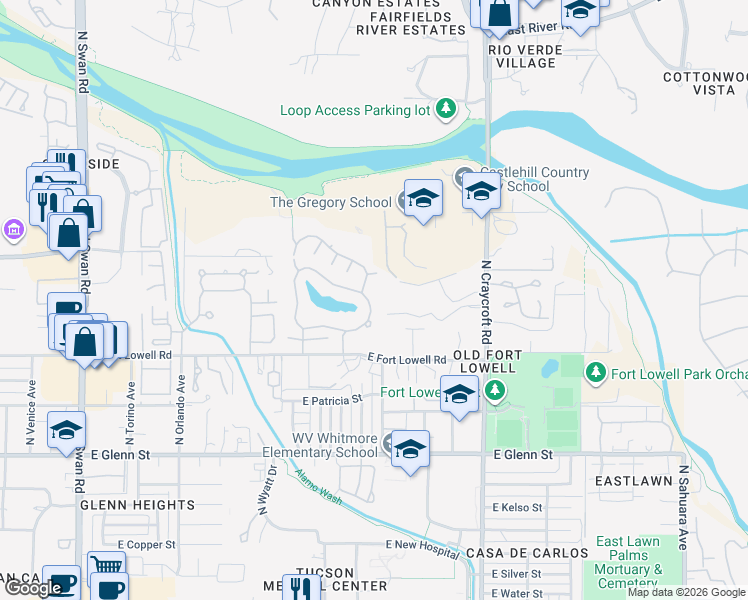 map of restaurants, bars, coffee shops, grocery stores, and more near 3100 North Willow Creek Drive in Tucson