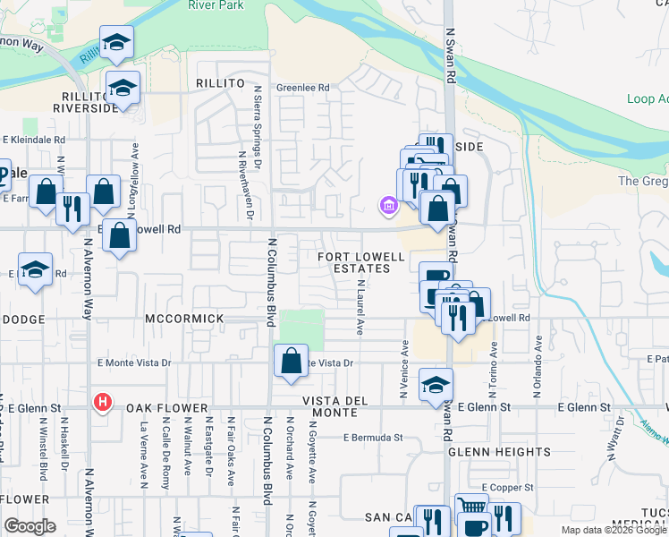 map of restaurants, bars, coffee shops, grocery stores, and more near 4402 East Brott Street in Tucson