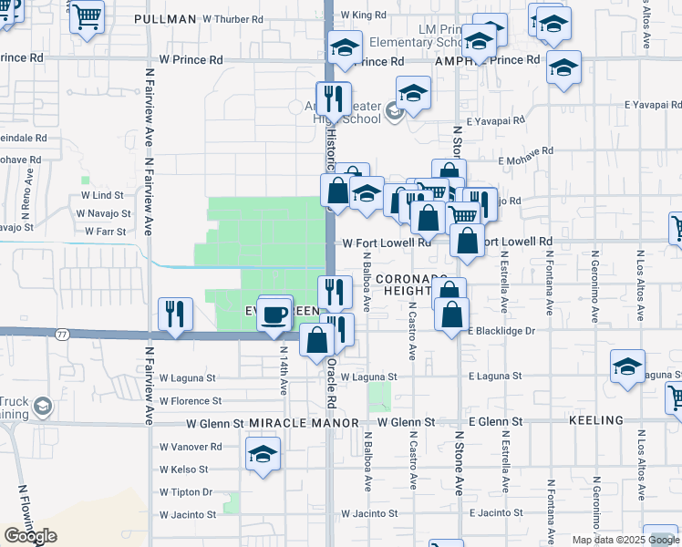 map of restaurants, bars, coffee shops, grocery stores, and more near 3120 North Oracle Road in Tucson