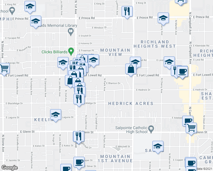map of restaurants, bars, coffee shops, grocery stores, and more near 3130 North Park Avenue in Tucson