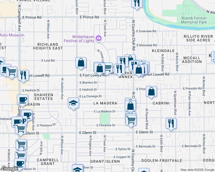 map of restaurants, bars, coffee shops, grocery stores, and more near 3110 North Treat Avenue in Tucson