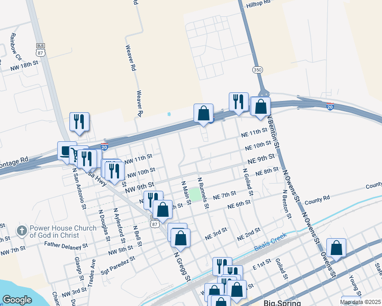 map of restaurants, bars, coffee shops, grocery stores, and more near 114 Northeast 11th Street in Big Spring