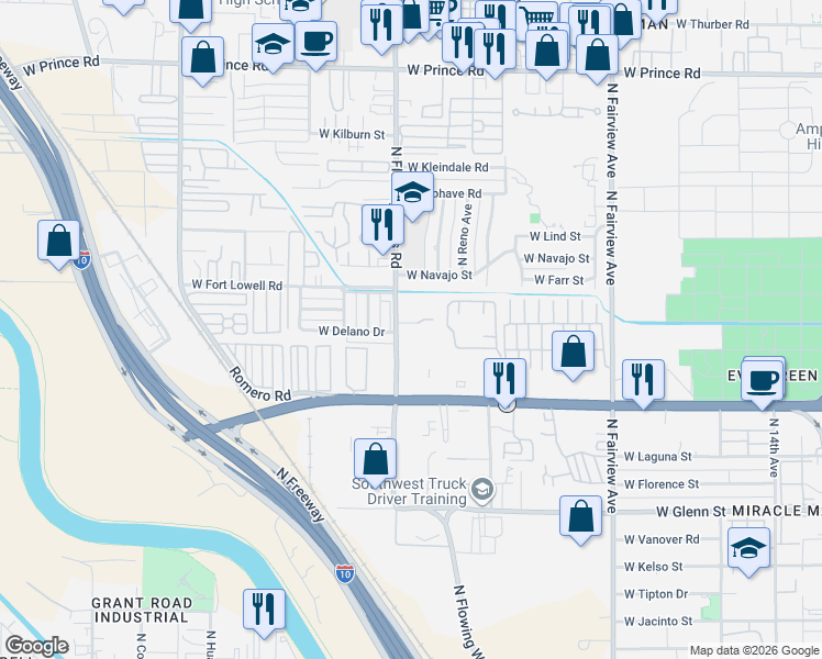 map of restaurants, bars, coffee shops, grocery stores, and more near 3148 North Flowing Wells Road in Tucson