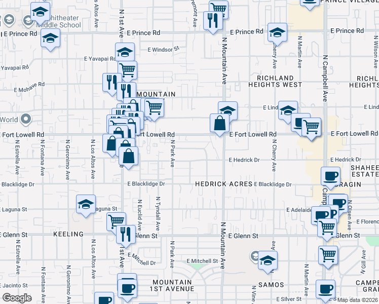 map of restaurants, bars, coffee shops, grocery stores, and more near 1106 East Blanton Drive in Tucson