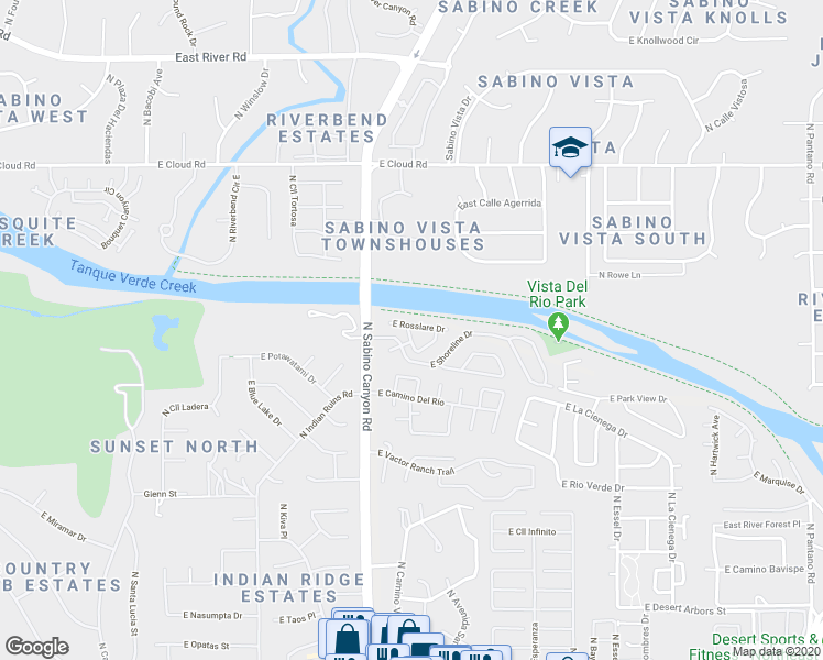 map of restaurants, bars, coffee shops, grocery stores, and more near 7180 East Rosslare Drive in Tucson