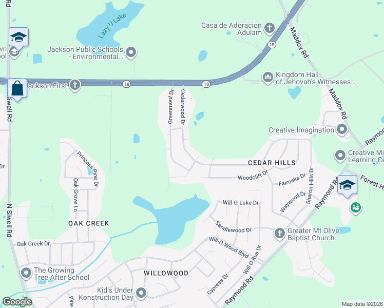 map of restaurants, bars, coffee shops, grocery stores, and more near 418 Cedarwood Drive in Jackson
