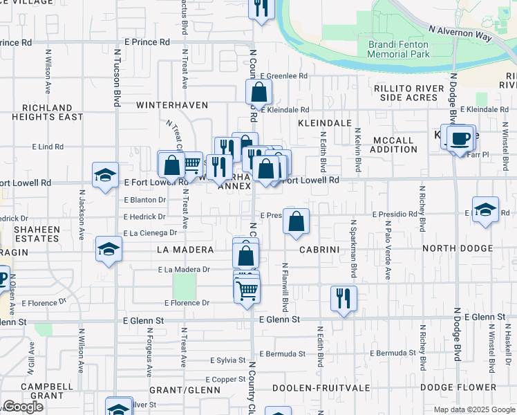 map of restaurants, bars, coffee shops, grocery stores, and more near 3112 North Country Club Road in Tucson