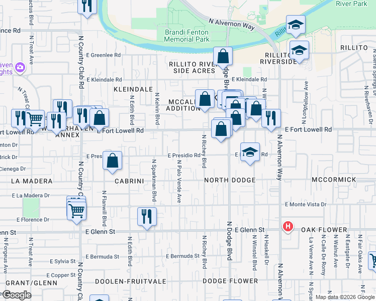 map of restaurants, bars, coffee shops, grocery stores, and more near 3519 East Presidio Road in Tucson