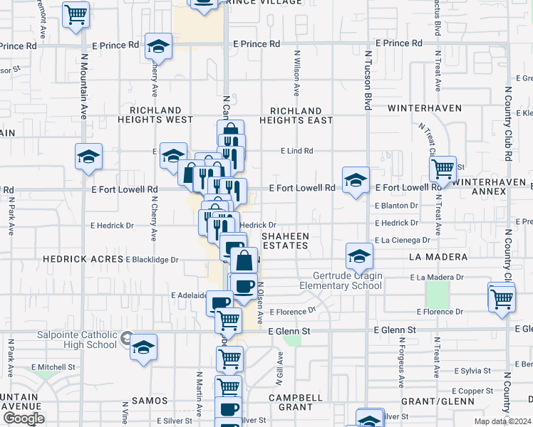 map of restaurants, bars, coffee shops, grocery stores, and more near 3134 North Olsen Avenue in Tucson