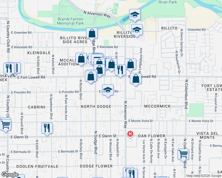 map of restaurants, bars, coffee shops, grocery stores, and more near 3102 North Winstel Boulevard in Tucson