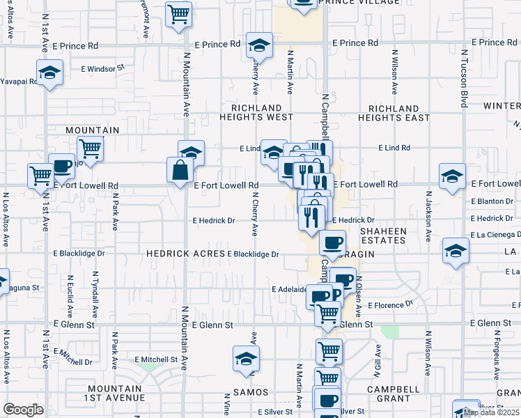 map of restaurants, bars, coffee shops, grocery stores, and more near 1629 East Hedrick Drive in Tucson