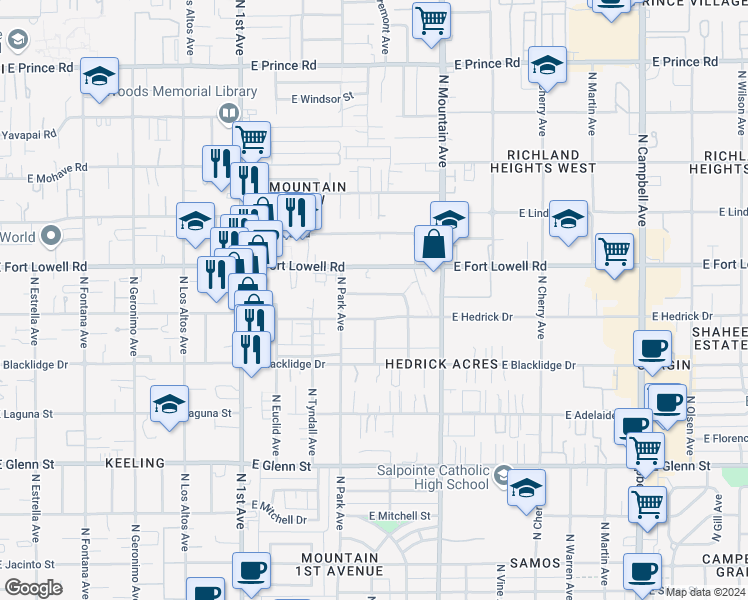 map of restaurants, bars, coffee shops, grocery stores, and more near 1106 East Blanton Drive in Tucson