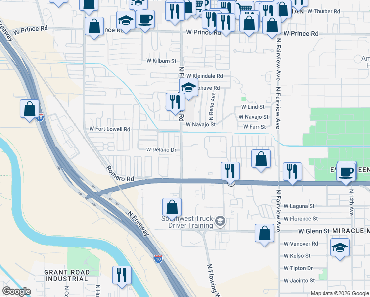 map of restaurants, bars, coffee shops, grocery stores, and more near 3150 North Flowing Wells Road in Tucson
