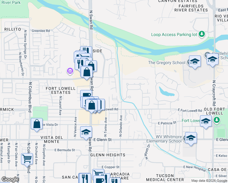 map of restaurants, bars, coffee shops, grocery stores, and more near 3121 North Placita Agua Caliente in Tucson