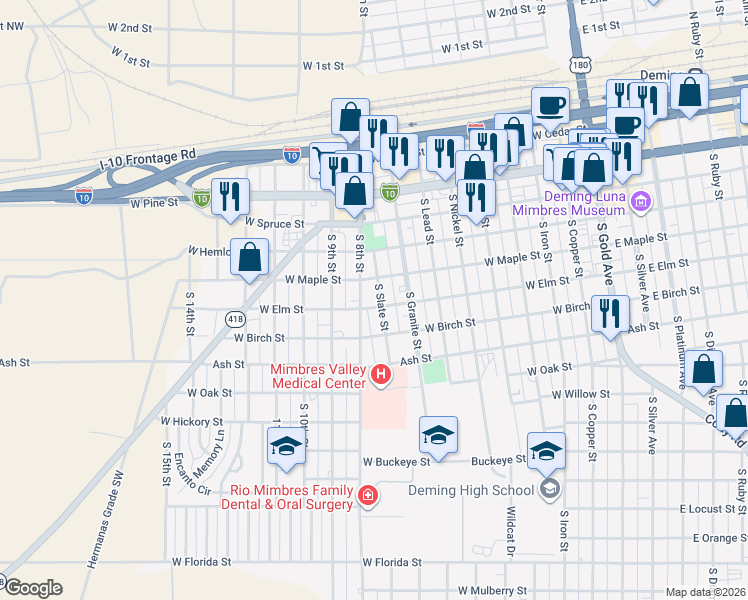 map of restaurants, bars, coffee shops, grocery stores, and more near 801-857 West Elm Street in Deming