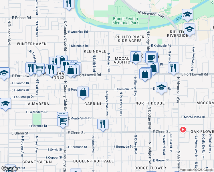map of restaurants, bars, coffee shops, grocery stores, and more near 3401 East Presidio Road in Tucson