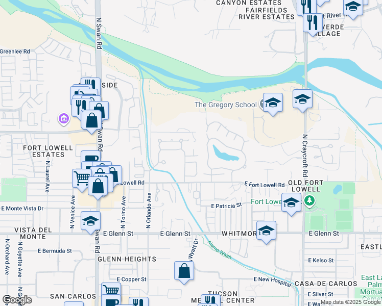 map of restaurants, bars, coffee shops, grocery stores, and more near 5079 East Quartermaster Court in Tucson