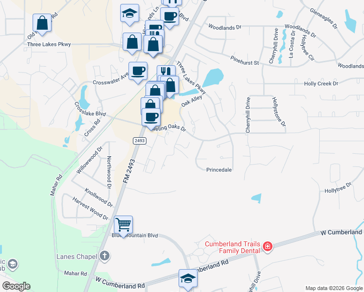 map of restaurants, bars, coffee shops, grocery stores, and more near Barrett Court in Tyler