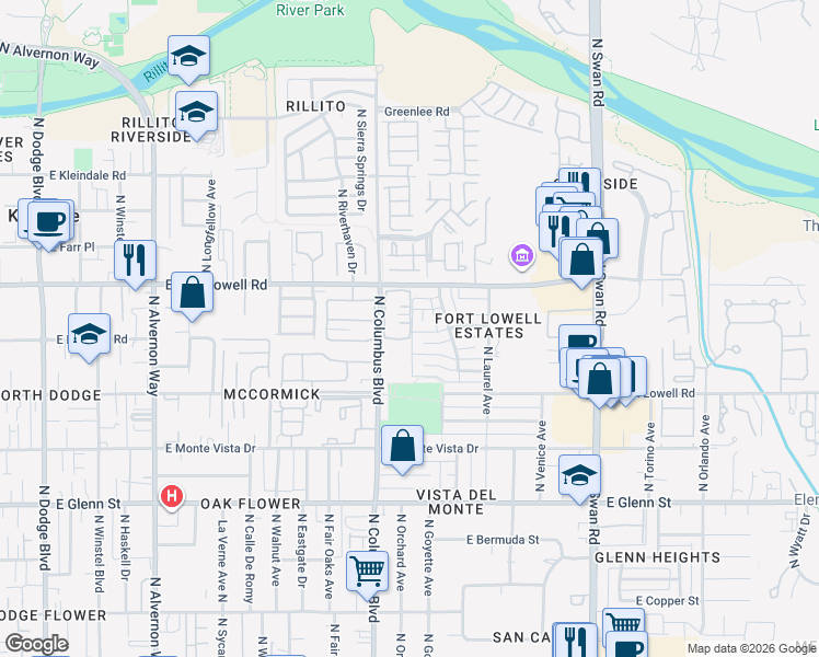 map of restaurants, bars, coffee shops, grocery stores, and more near 4324 East Blanton Road in Tucson