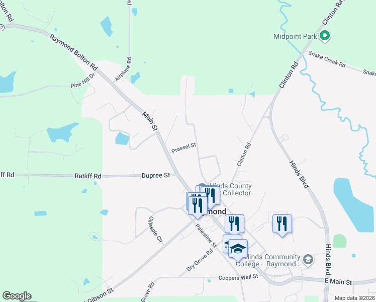 map of restaurants, bars, coffee shops, grocery stores, and more near 140 Prassel Street in Raymond