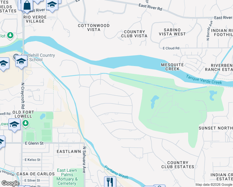 map of restaurants, bars, coffee shops, grocery stores, and more near 6115 East San Mateo Street in Tucson