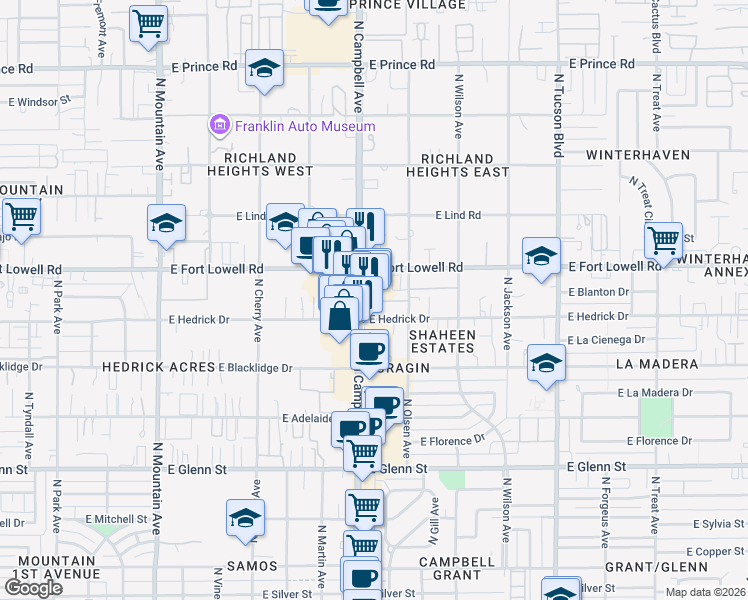 map of restaurants, bars, coffee shops, grocery stores, and more near 3122 North Campbell Avenue in Tucson