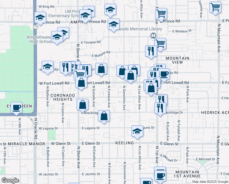 map of restaurants, bars, coffee shops, grocery stores, and more near 325 East Delano Street in Tucson