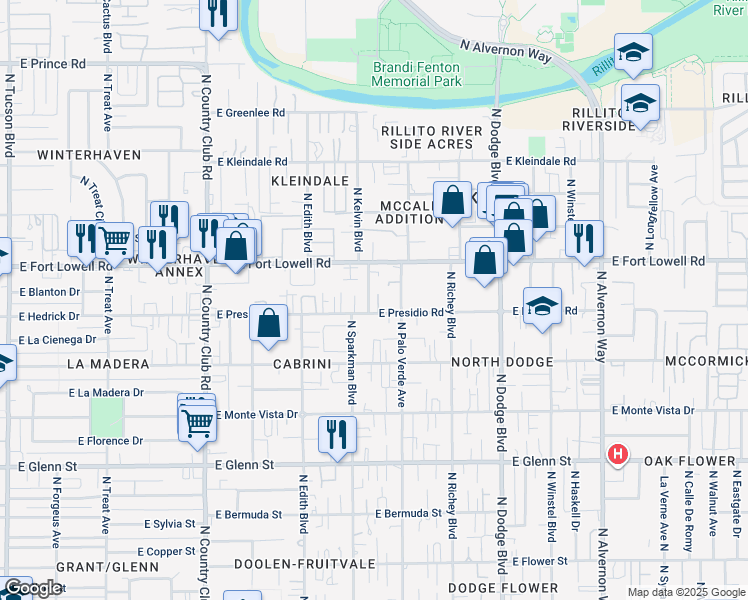 map of restaurants, bars, coffee shops, grocery stores, and more near 3431 East Presidio Road in Tucson