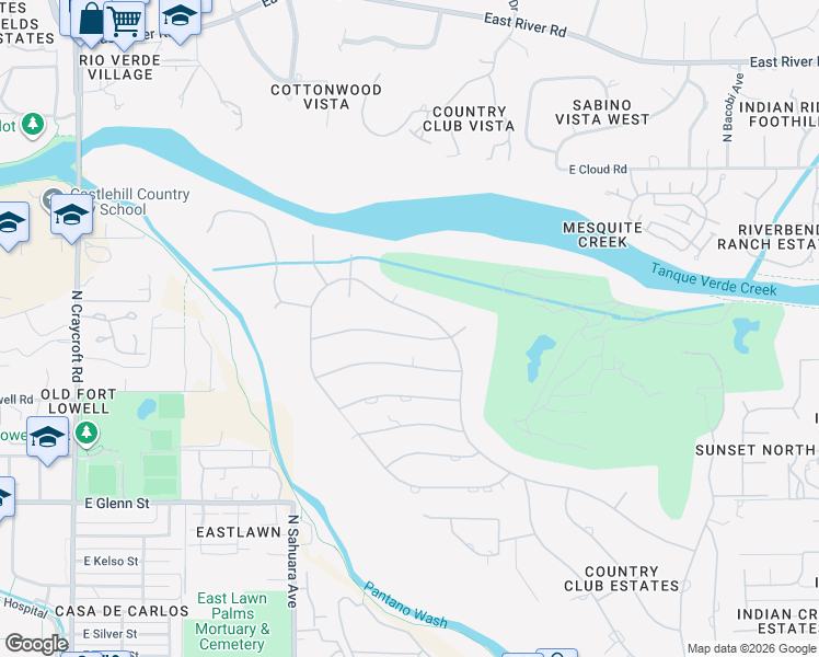 map of restaurants, bars, coffee shops, grocery stores, and more near 6115 East San Mateo Street in Tucson