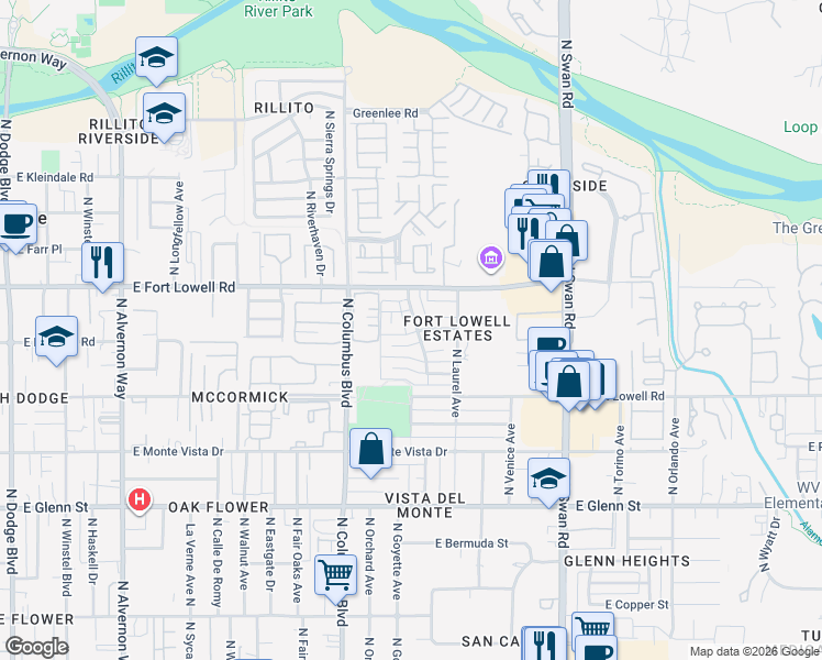 map of restaurants, bars, coffee shops, grocery stores, and more near 4402 East Brott Street in Tucson