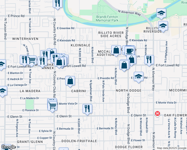 map of restaurants, bars, coffee shops, grocery stores, and more near 3401 East Presidio Road in Tucson