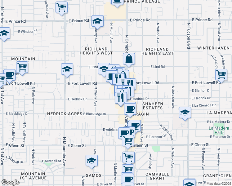 map of restaurants, bars, coffee shops, grocery stores, and more near 1717 East Hedrick Drive in Tucson