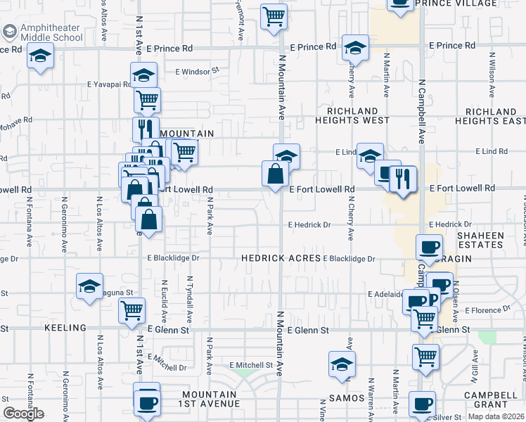 map of restaurants, bars, coffee shops, grocery stores, and more near 3110 North Santa Rita Avenue in Tucson