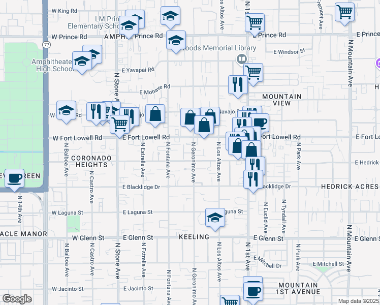 map of restaurants, bars, coffee shops, grocery stores, and more near 403 East Delano Street in Tucson