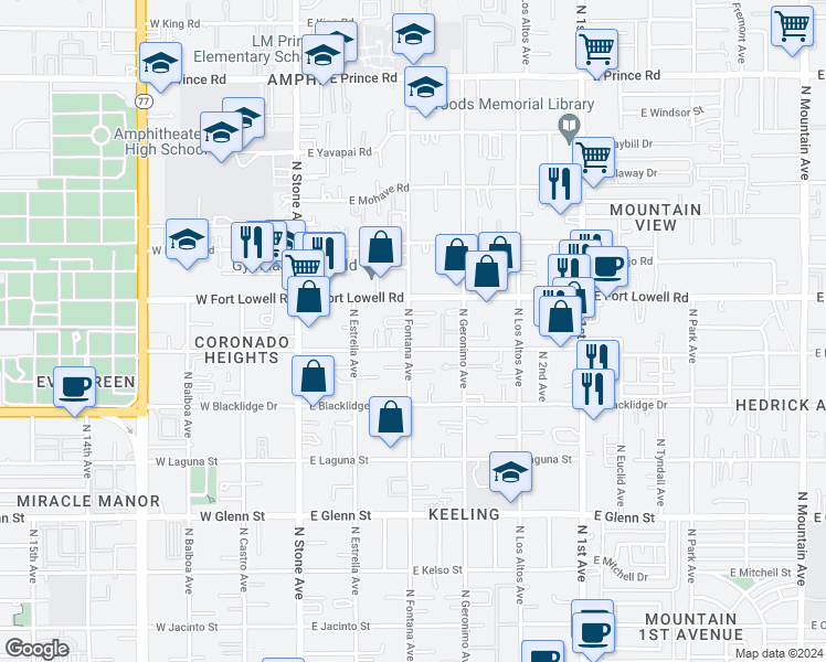 map of restaurants, bars, coffee shops, grocery stores, and more near 325 East Delano Street in Tucson