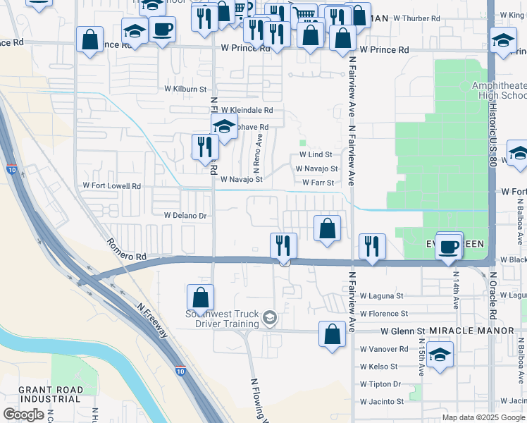map of restaurants, bars, coffee shops, grocery stores, and more near 1202 West Miracle Mile in Tucson