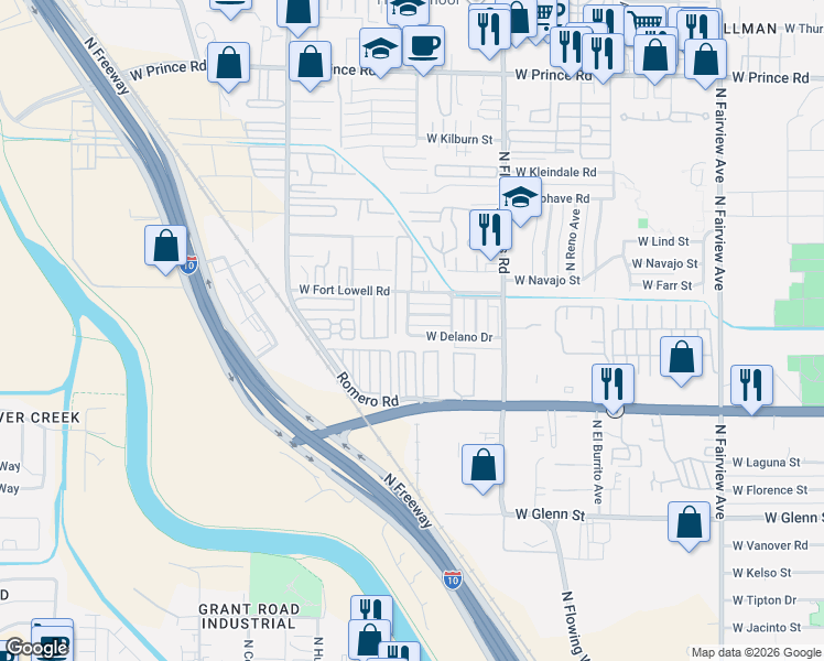 map of restaurants, bars, coffee shops, grocery stores, and more near 1549 West Delano Drive in Tucson