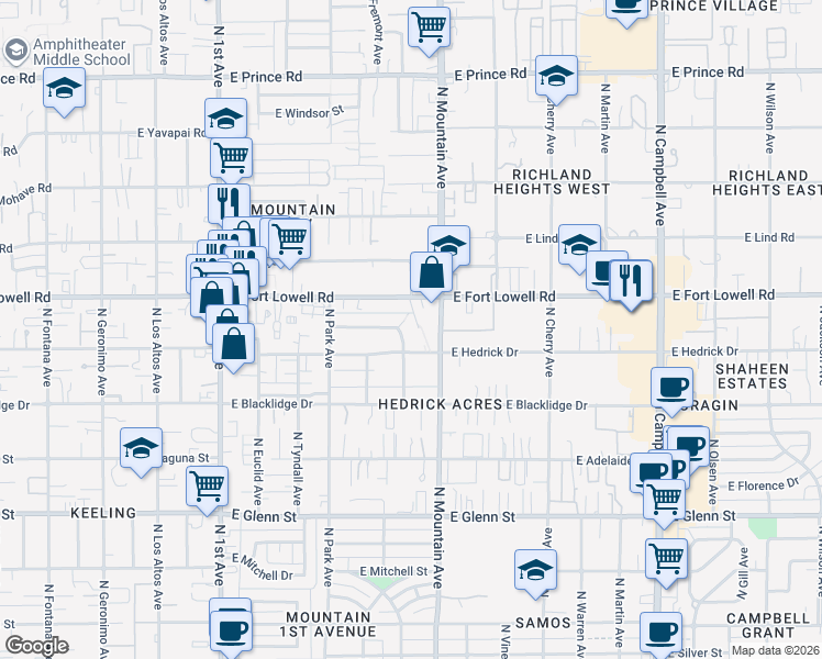 map of restaurants, bars, coffee shops, grocery stores, and more near 3110 North Santa Rita Avenue in Tucson