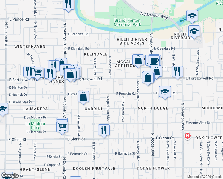 map of restaurants, bars, coffee shops, grocery stores, and more near 3417 East Presidio Road in Tucson
