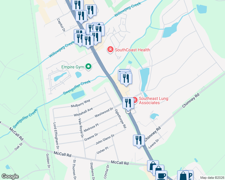 map of restaurants, bars, coffee shops, grocery stores, and more near 106 Frontage Road in Rincon