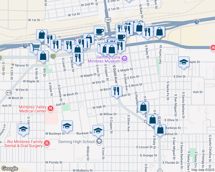 map of restaurants, bars, coffee shops, grocery stores, and more near 520 South Copper Street in Deming